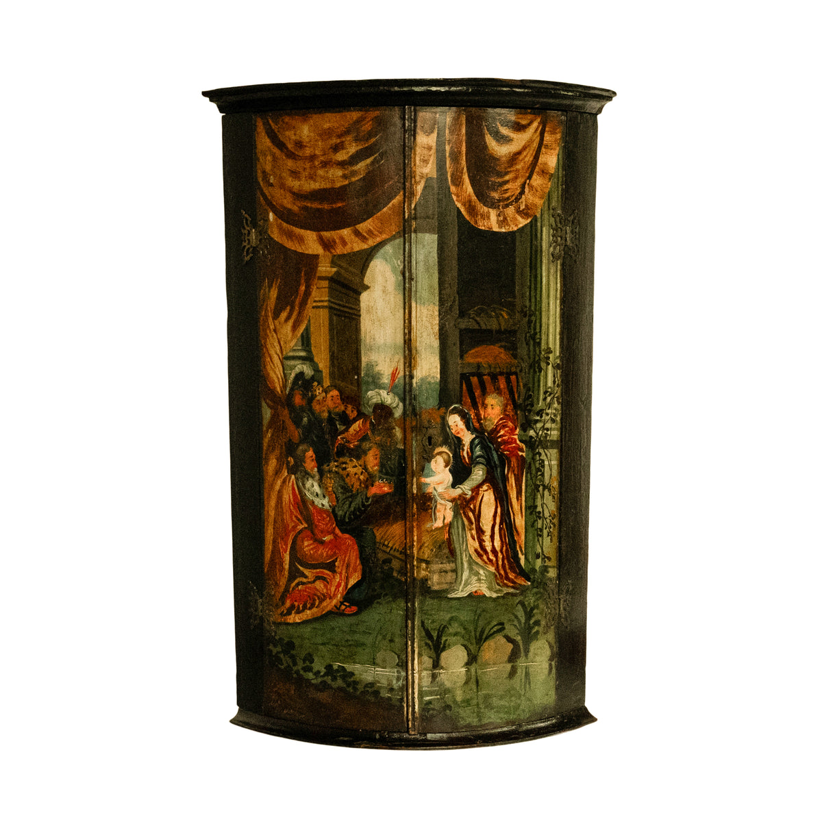 Antique Flemish Painted Polychrome Corner Cabinet Christ Nativity Magi 1760