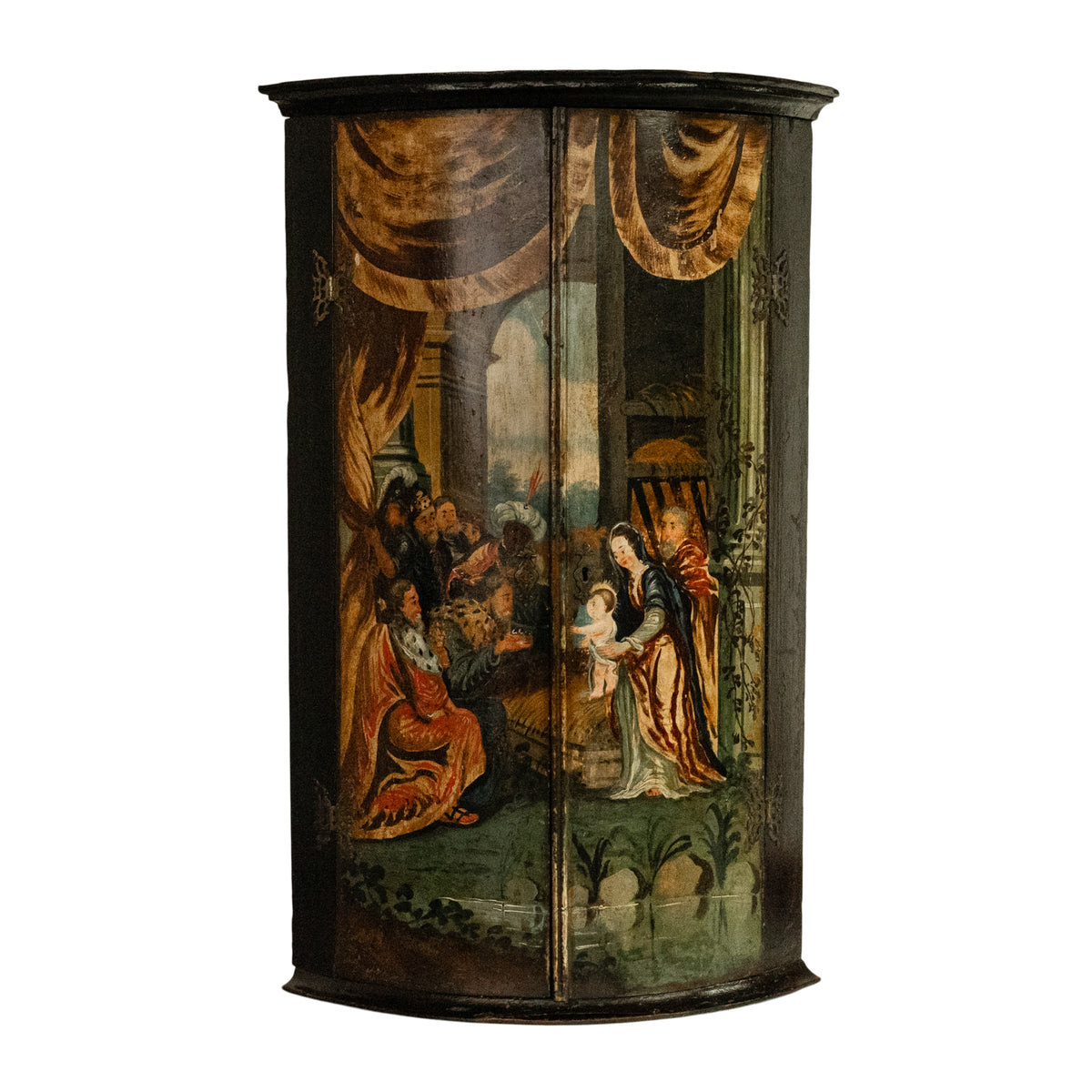 Antique Flemish Painted Polychrome Corner Cabinet Christ Nativity Magi 1760