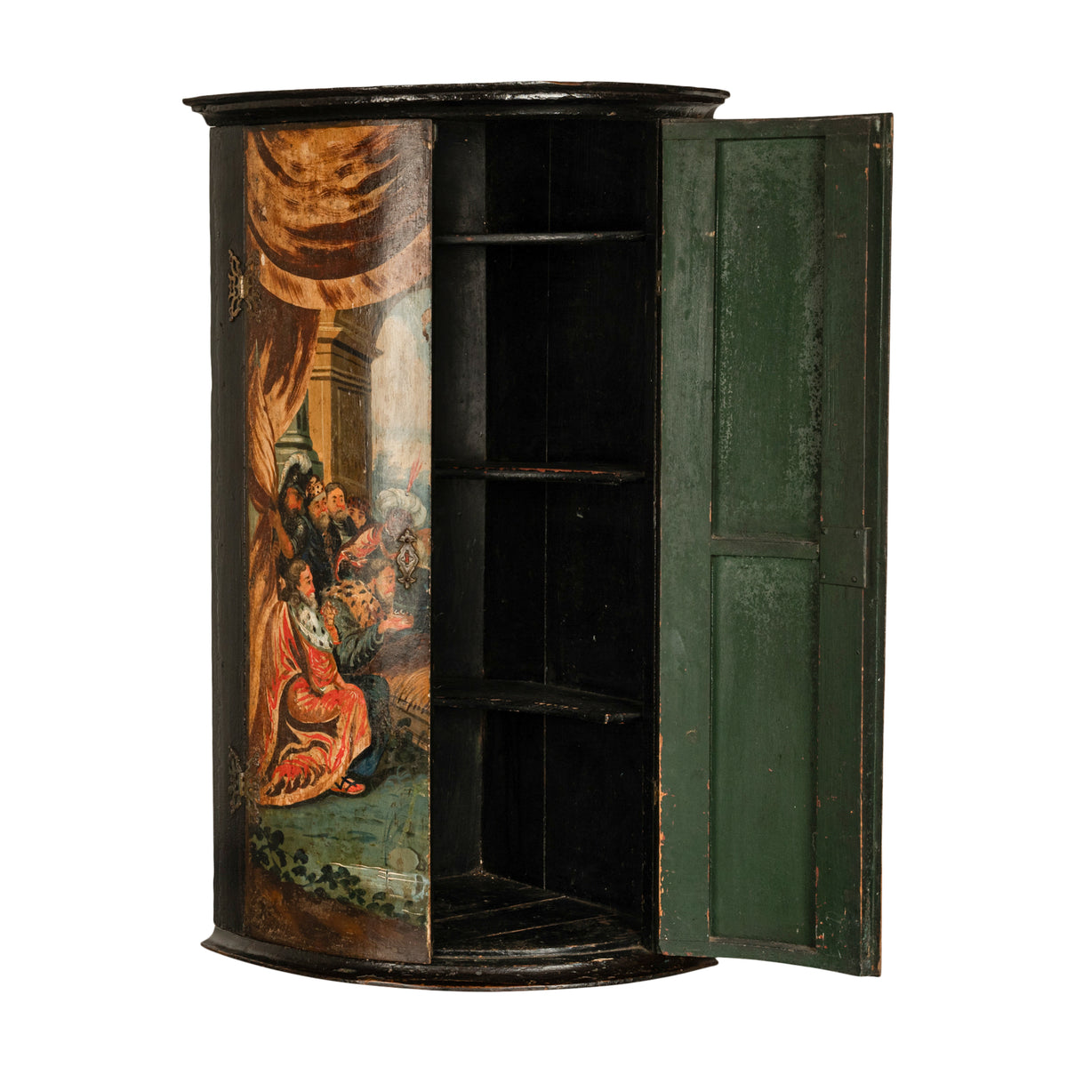 Antique Flemish Painted Polychrome Corner Cabinet Christ Nativity Magi 1760