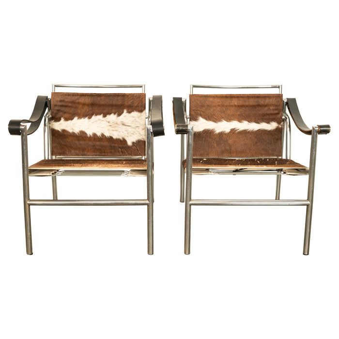 Pair Bauhaus Basculant LC1 Sling Armchairs Le Corbusier Cow Hide Cassina 1960s