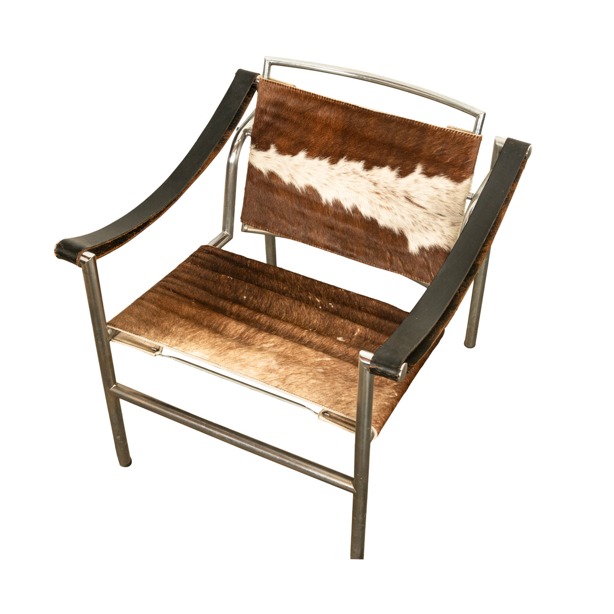 Pair Bauhaus Basculant LC1 Sling Armchairs Le Corbusier Cow Hide Cassina 1960s