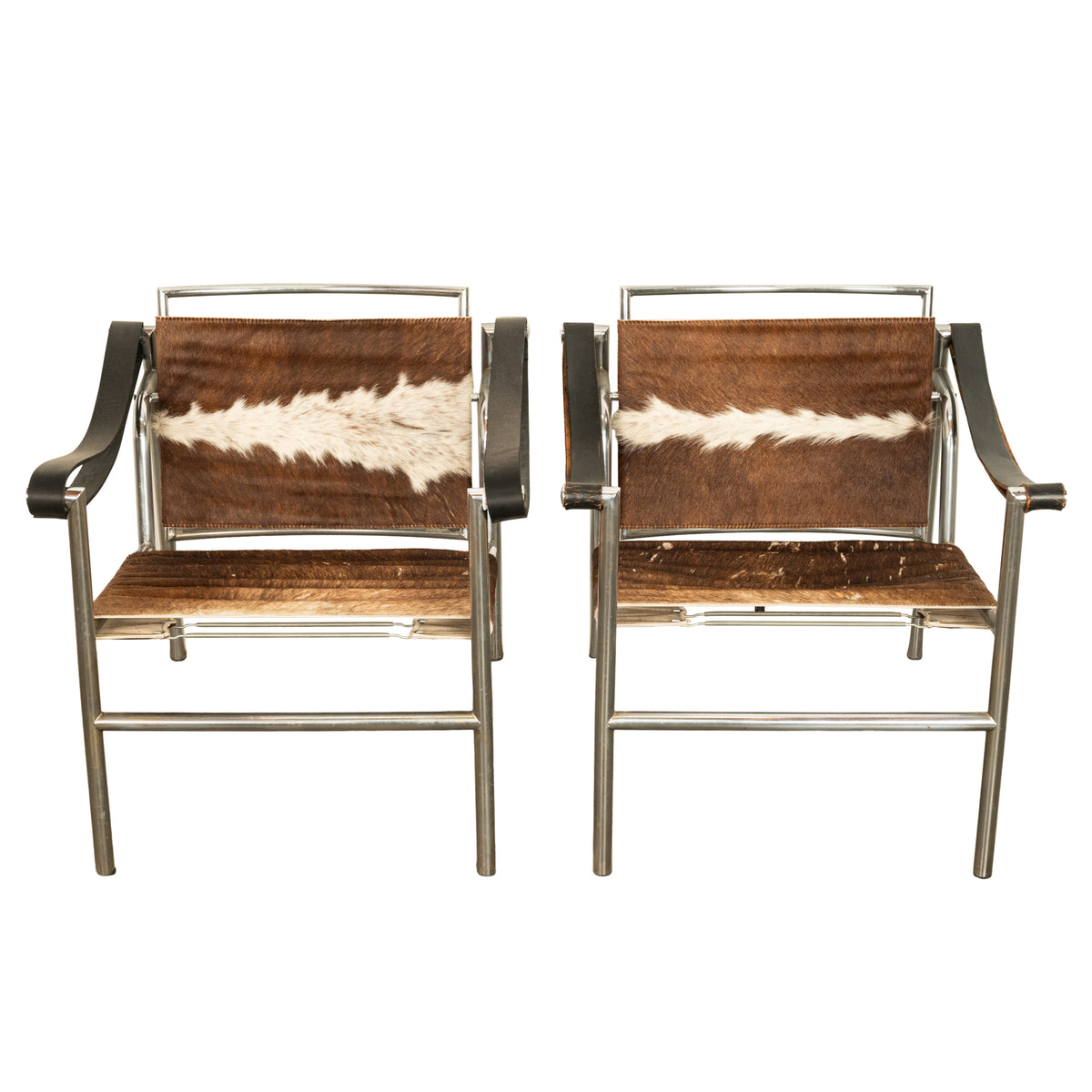 Pair Bauhaus Basculant LC1 Sling Armchairs Le Corbusier Cow Hide Cassina 1960s