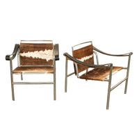 Pair Bauhaus Basculant LC1 Sling Armchairs Le Corbusier Cow Hide Cassina 1960s