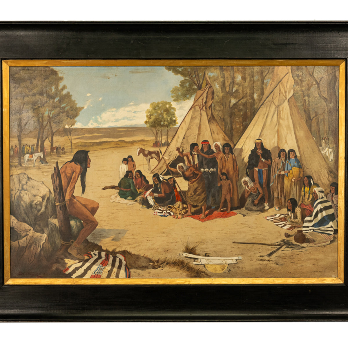 Antique Western Oil on Canvas Painting Native American "The Captive" 1901  by Frank Paul Sauerwein