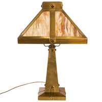 Antique American Arts & Crafts Mission Stained Slag Glass Brass Table Lamp 1910