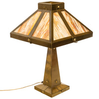 Antique American Arts & Crafts Mission Stained Slag Glass Brass Table Lamp 1910