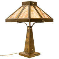 Antique American Arts & Crafts Mission Stained Slag Glass Brass Table Lamp 1910