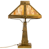 Antique American Arts & Crafts Mission Stained Slag Glass Brass Table Lamp 1910