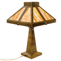 Antique American Arts & Crafts Mission Stained Slag Glass Brass Table Lamp 1910
