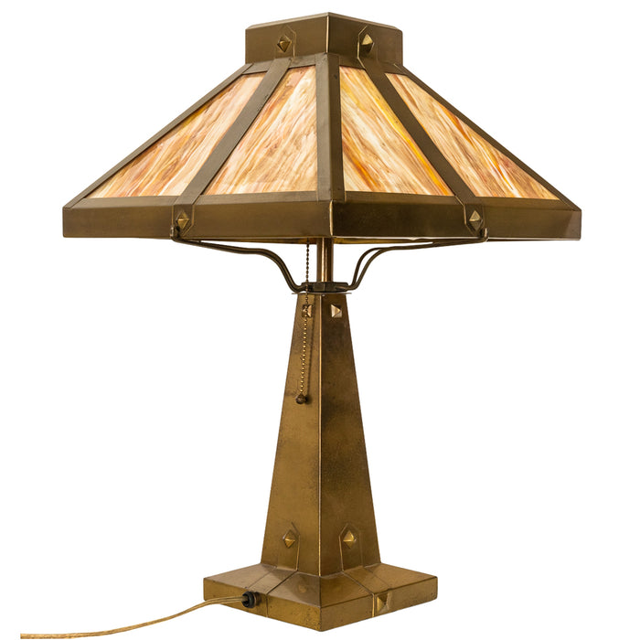 Antique American Arts & Crafts Mission Stained Slag Glass Brass Table Lamp 1910