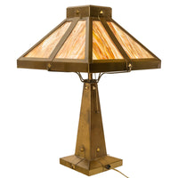 Antique American Arts & Crafts Mission Stained Slag Glass Brass Table Lamp 1910