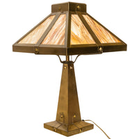 Antique American Arts & Crafts Mission Stained Slag Glass Brass Table Lamp 1910