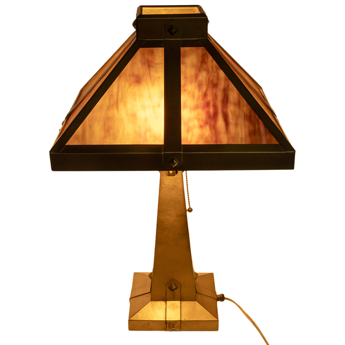 Antique American Arts & Crafts Mission Stained Slag Glass Brass Table Lamp 1910