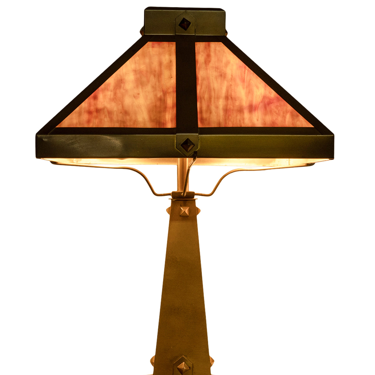 Antique American Arts & Crafts Mission Stained Slag Glass Brass Table Lamp 1910