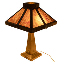 Antique American Arts & Crafts Mission Stained Slag Glass Brass Table Lamp 1910