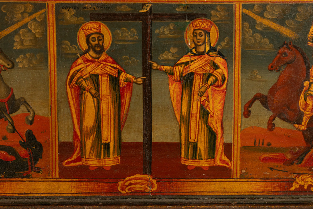 Antique 19th C Greek Orthodox Icon Virgin Mary & Jesus St. George & Dragon 1800