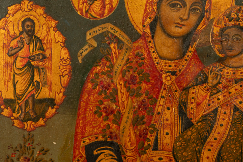 Antique 19th C Greek Orthodox Icon Virgin Mary & Jesus St. George & Dragon 1800
