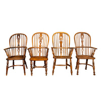 Set 4 Antique 19thC High-backed English Ash Elm Country Windsor Arm Chairs 1840