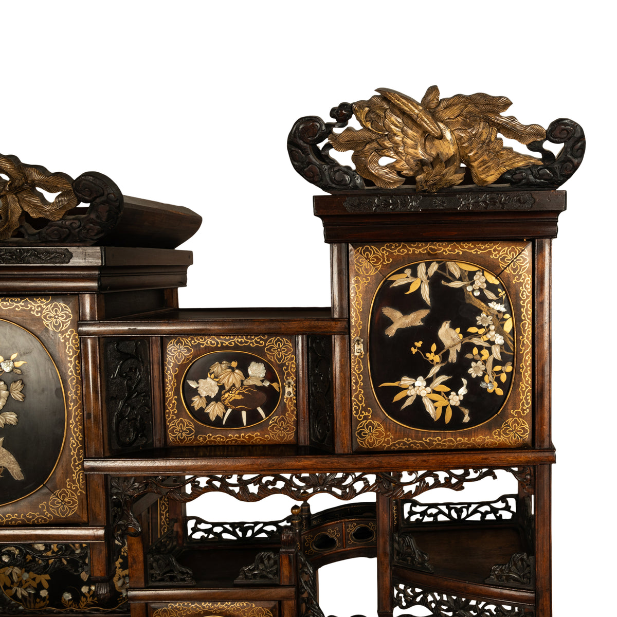 Antique Japanese Lacquer Inlaid Hardwood Meiji Period Shibayama Shodana Cabinet Circa 1880