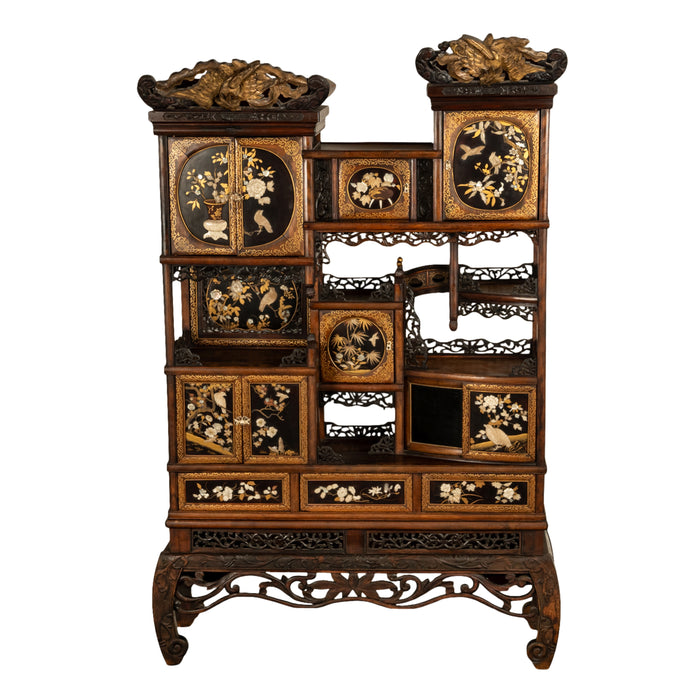 Antique Japanese Lacquer Inlaid Hardwood Meiji Period Shibayama Shodana Cabinet Circa 1880