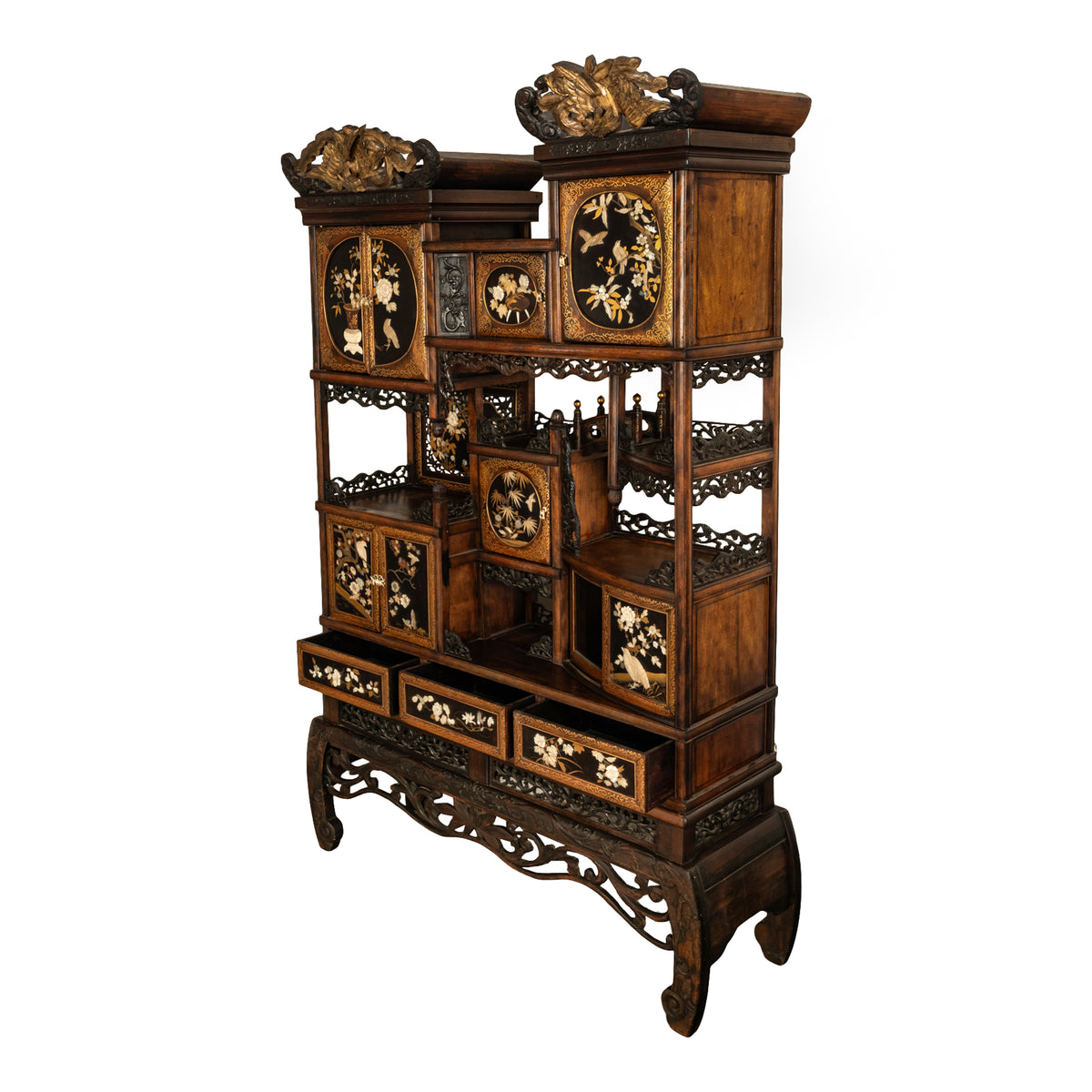 Antique Japanese Lacquer Inlaid Hardwood Meiji Period Shibayama Shodana Cabinet Circa 1880