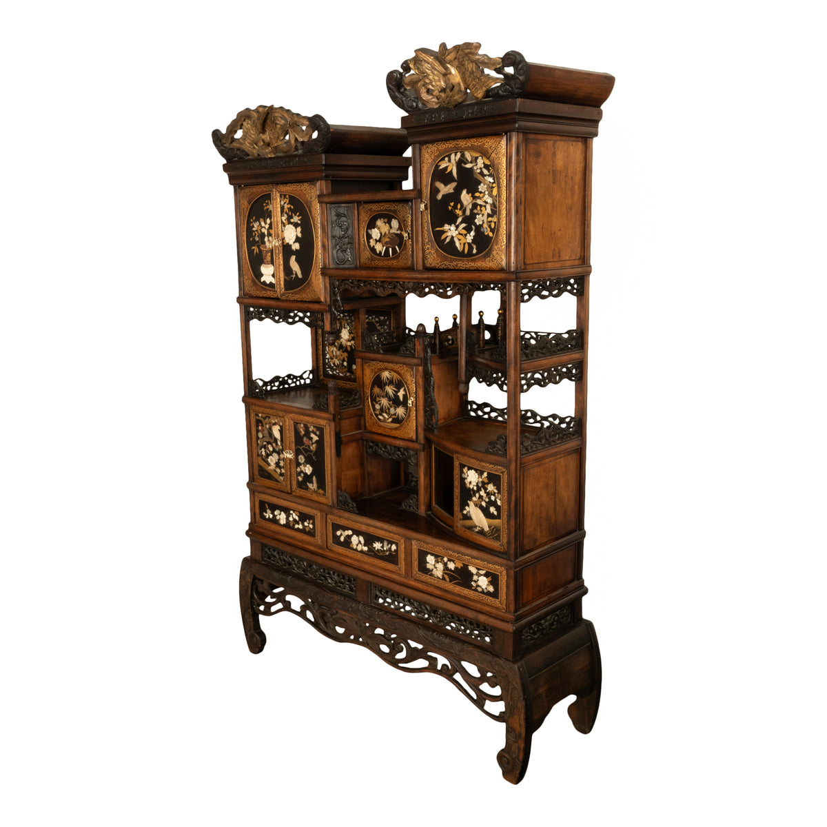 Antique Japanese Lacquer Inlaid Hardwood Meiji Period Shibayama Shodana Cabinet Circa 1880