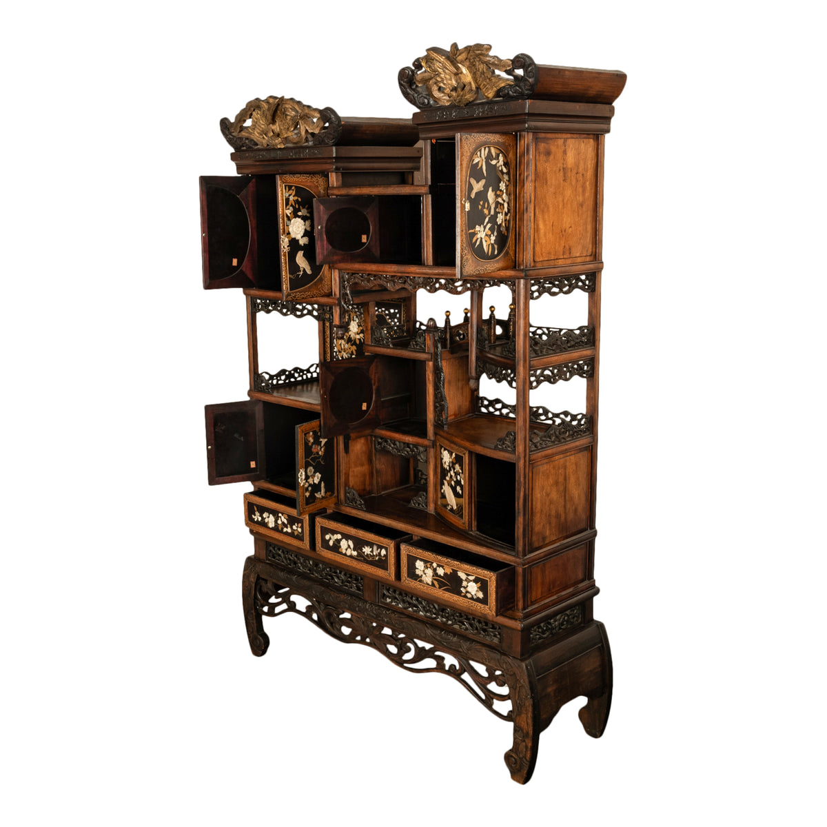 Antique Japanese Lacquer Inlaid Hardwood Meiji Period Shibayama Shodana Cabinet Circa 1880