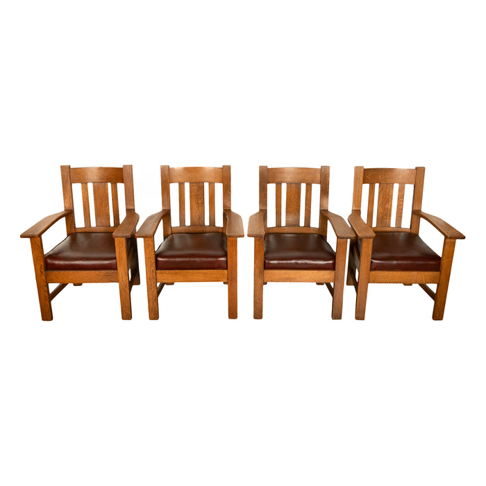 Antique Set 4 American Oak Arts & Crafts Mission Arm Chairs Stickley Oregon 1910