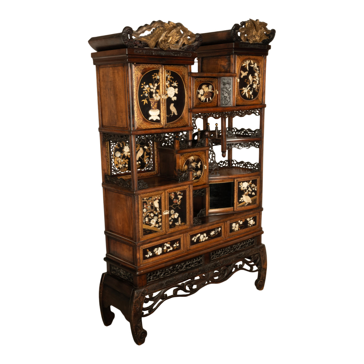 Antique Japanese Lacquer Inlaid Hardwood Meiji Period Shibayama Shodana Cabinet Circa 1880
