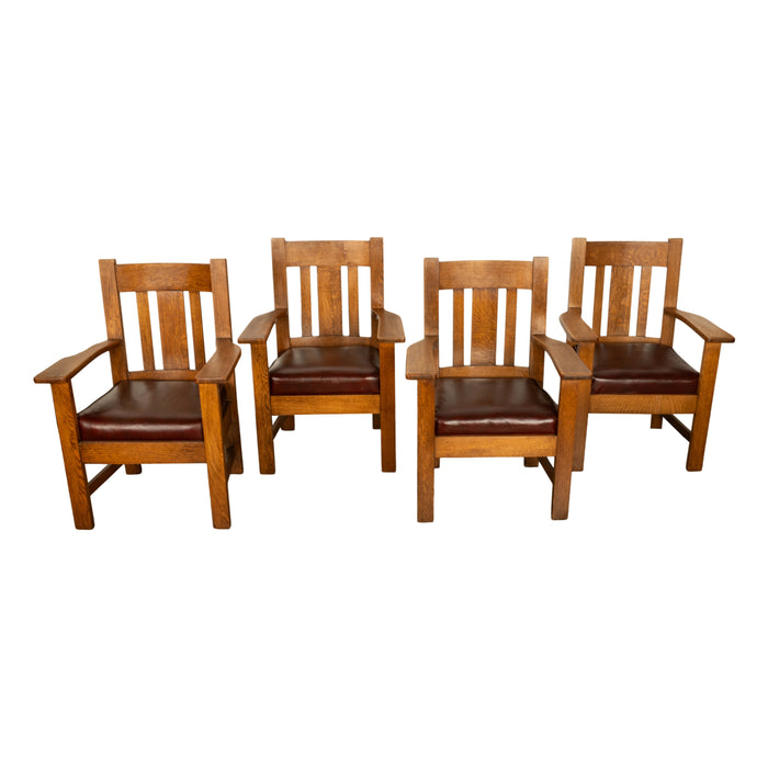 Antique Set 4 American Oak Arts & Crafts Mission Arm Chairs Stickley Oregon 1910