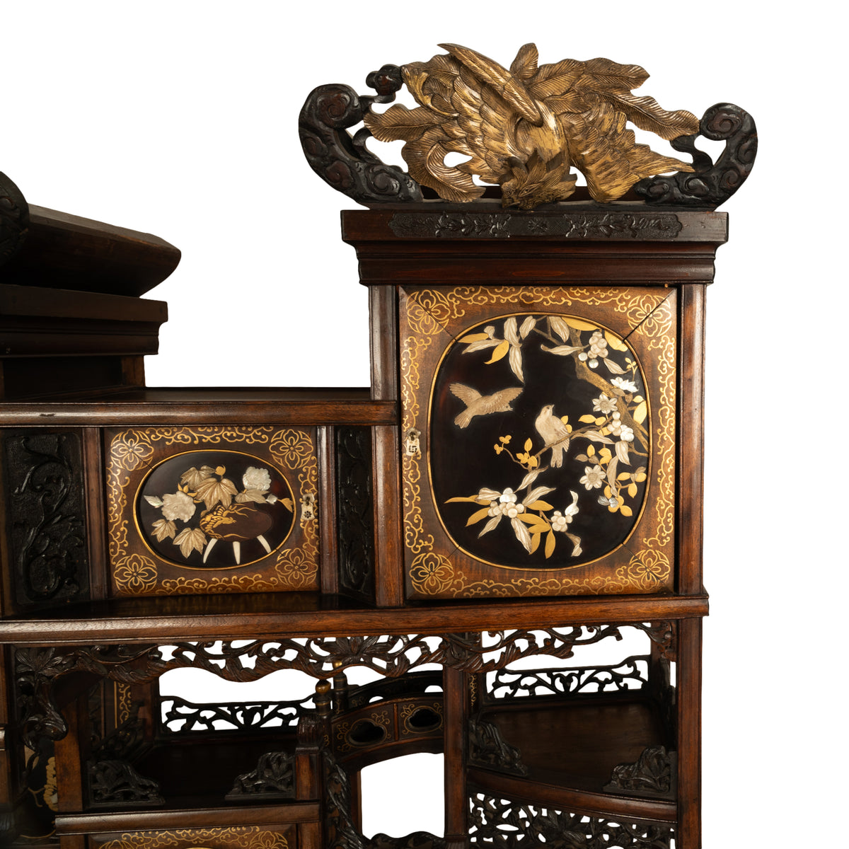 Antique Japanese Lacquer Inlaid Hardwood Meiji Period Shibayama Shodana Cabinet Circa 1880