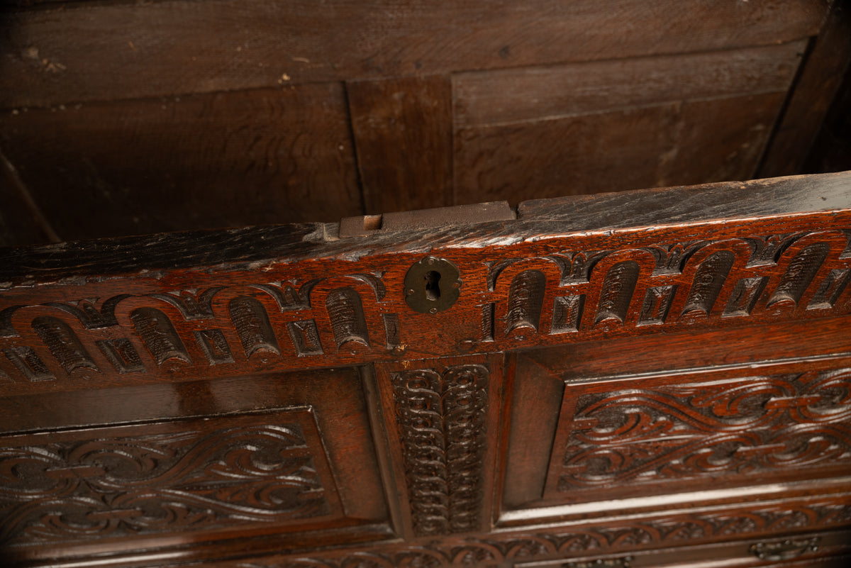 Antique English 17th Century King Charles II Carved Oak Coffer Mule Chest 1680