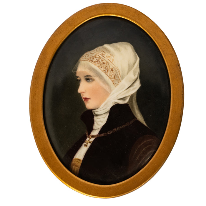 Pair Antique German Signed KPM Porcelain Handpainted Bride Portrait Plaques 1890