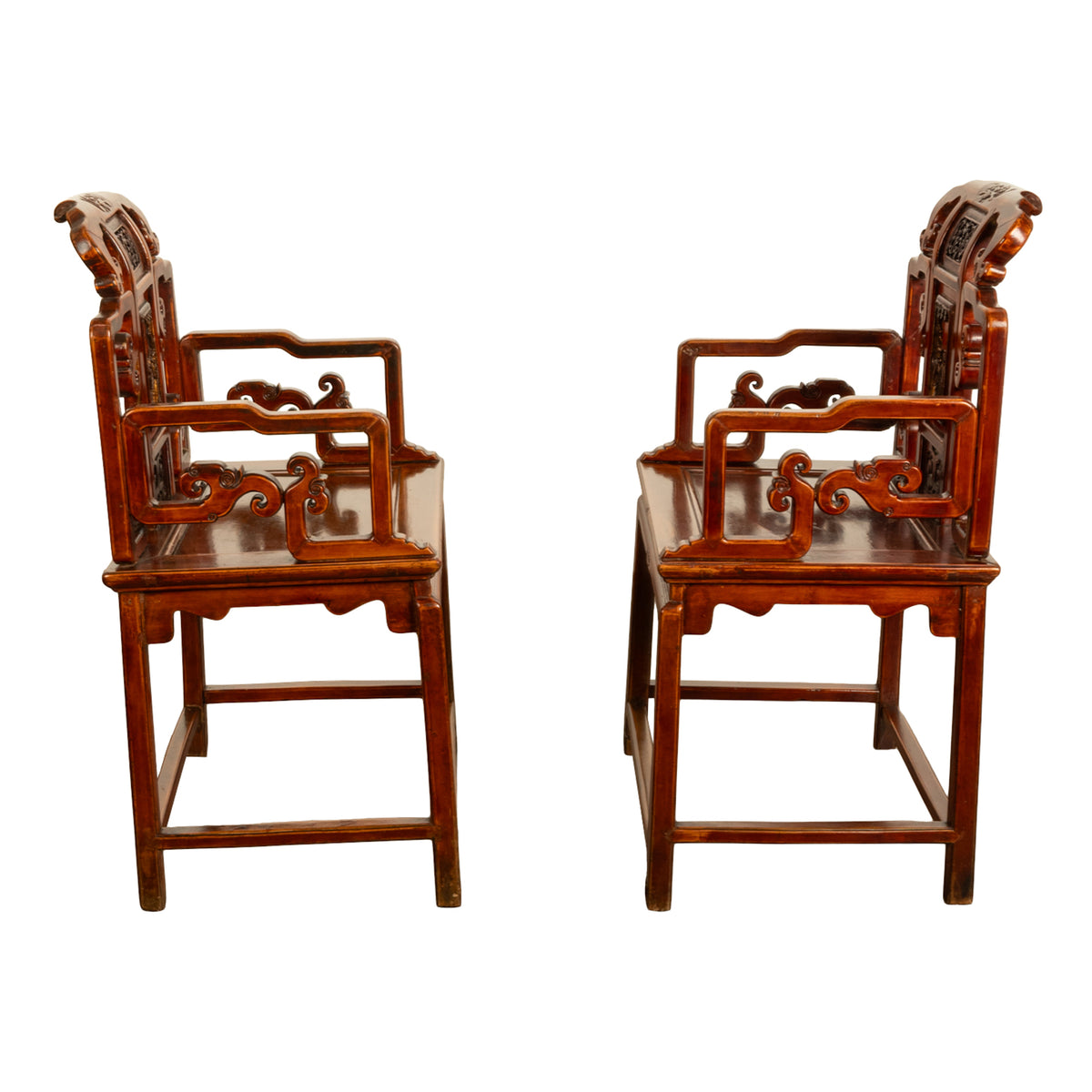 Pair Antique Ming Style Chinese Qing Carved Hardwood Gilt Lacquer Throne Chairs
