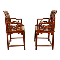 Pair Antique Ming Style Chinese Qing Carved Hardwood Gilt Lacquer Throne Chairs