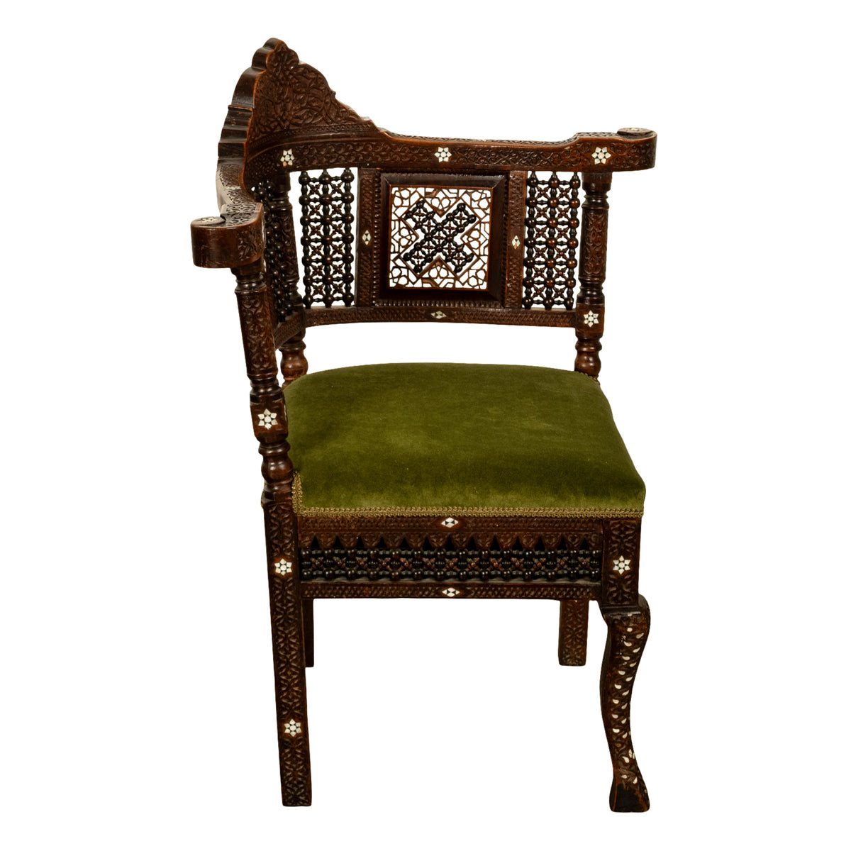 Antique Islamic Moorish Syrian Carved Inlaid Mother of Pearl Corner Chair 1880