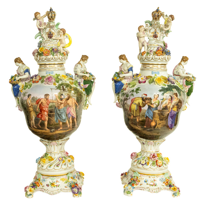 Pair Antique Carl Thieme Potschappel Dresden Lidded Vases Pedestals Sevres 1880