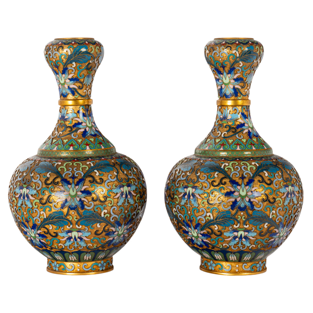 Pair Antique Chinese Qing Republic Dynasty Cloisonné Champlevé Vases 1910