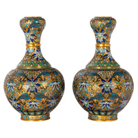 Pair Antique Chinese Qing Republic Dynasty Cloisonné Champlevé Vases 1910