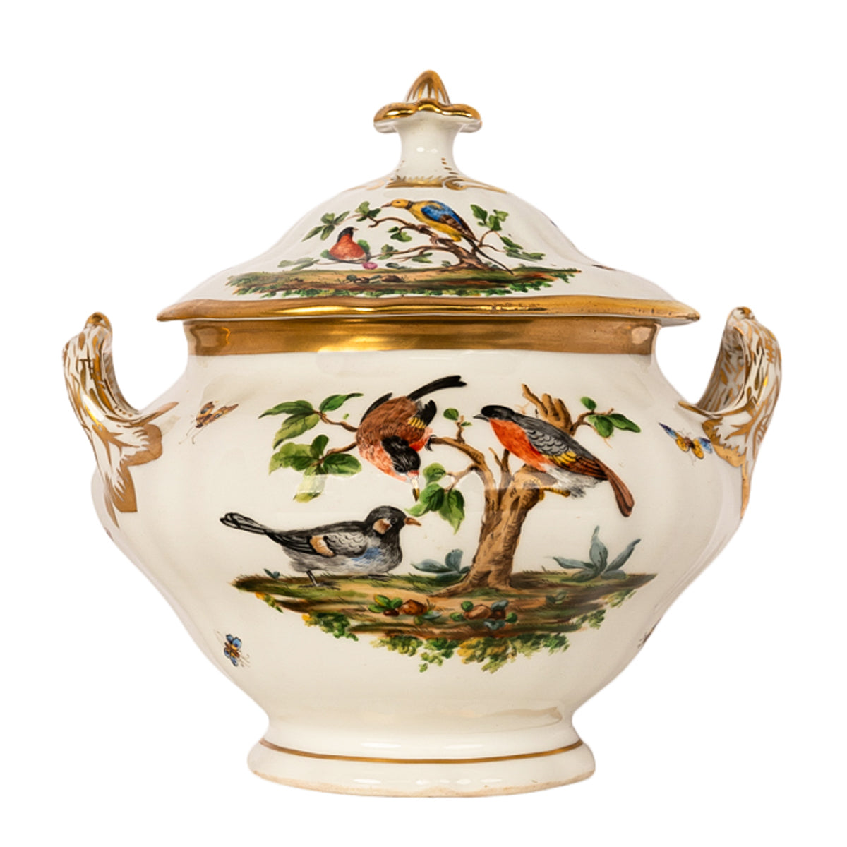 Antique 19th Century German KPM Porcelain Lidded Bowl Tureen Birds Butterflies