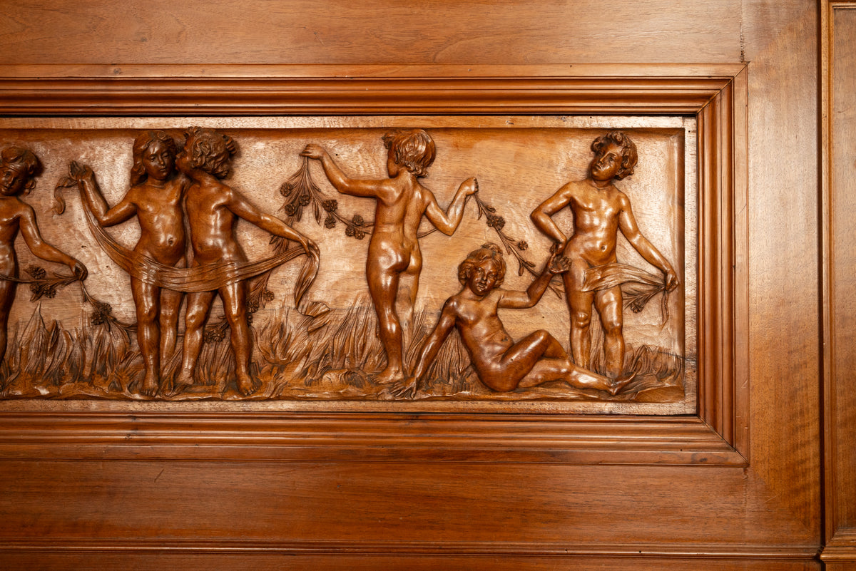 Antique Italian Neoclassical Carved Walnut Size Bed Angels Cherubs Nudes 1870