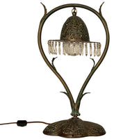 Antique Austrian Art Nouveau Organic Style Bronze & Glass Prisms Table Lamp 1900