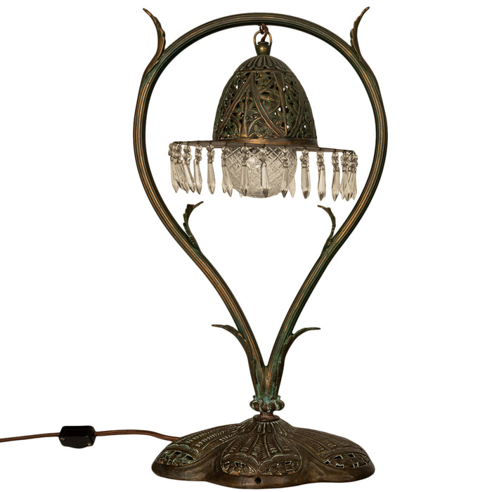 Antique Austrian Art Nouveau Organic Style Bronze & Glass Prisms Table Lamp 1900