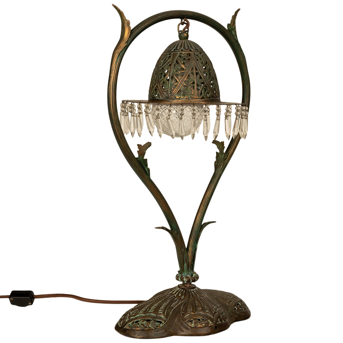 Antique Austrian Art Nouveau Organic Style Bronze & Glass Prisms Table Lamp 1900