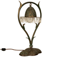 Antique Austrian Art Nouveau Organic Style Bronze & Glass Prisms Table Lamp 1900