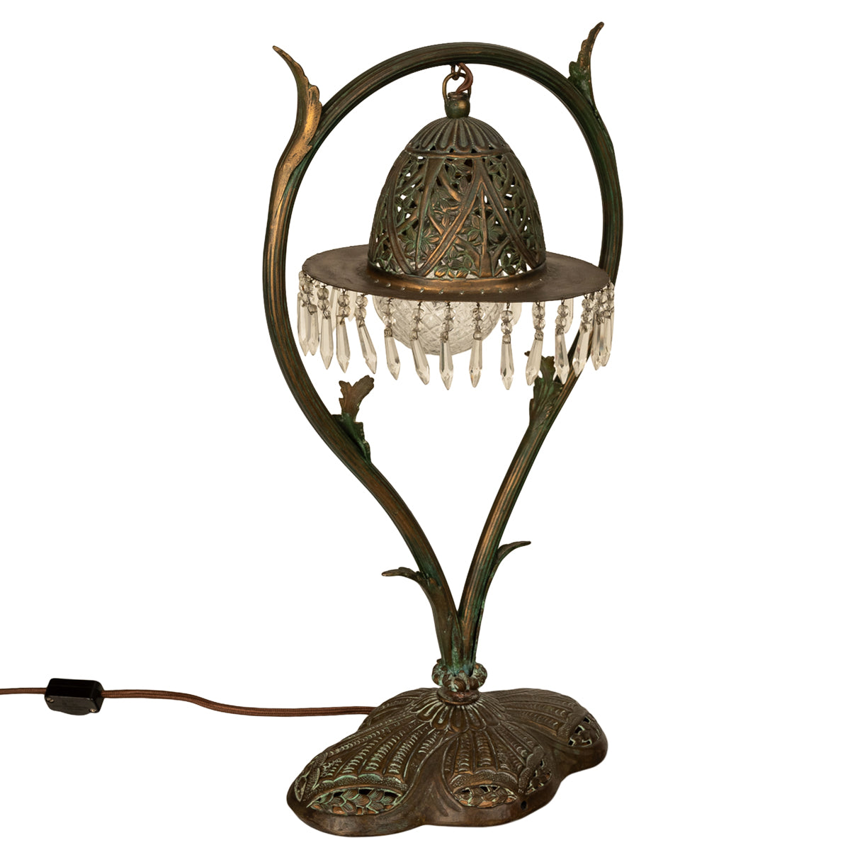 Antique Austrian Art Nouveau Organic Style Bronze & Glass Prisms Table Lamp 1900