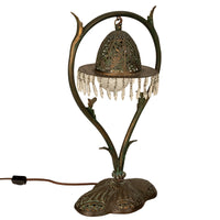 Antique Austrian Art Nouveau Organic Style Bronze & Glass Prisms Table Lamp 1900