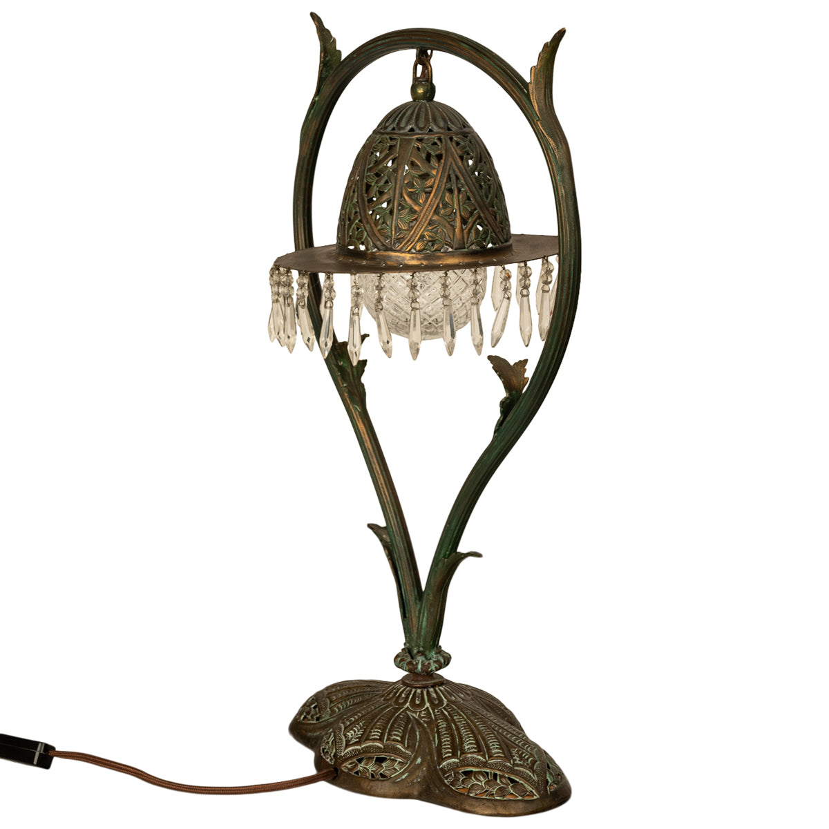 Antique Austrian Art Nouveau Organic Style Bronze & Glass Prisms Table Lamp 1900