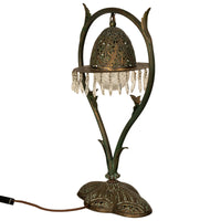 Antique Austrian Art Nouveau Organic Style Bronze & Glass Prisms Table Lamp 1900