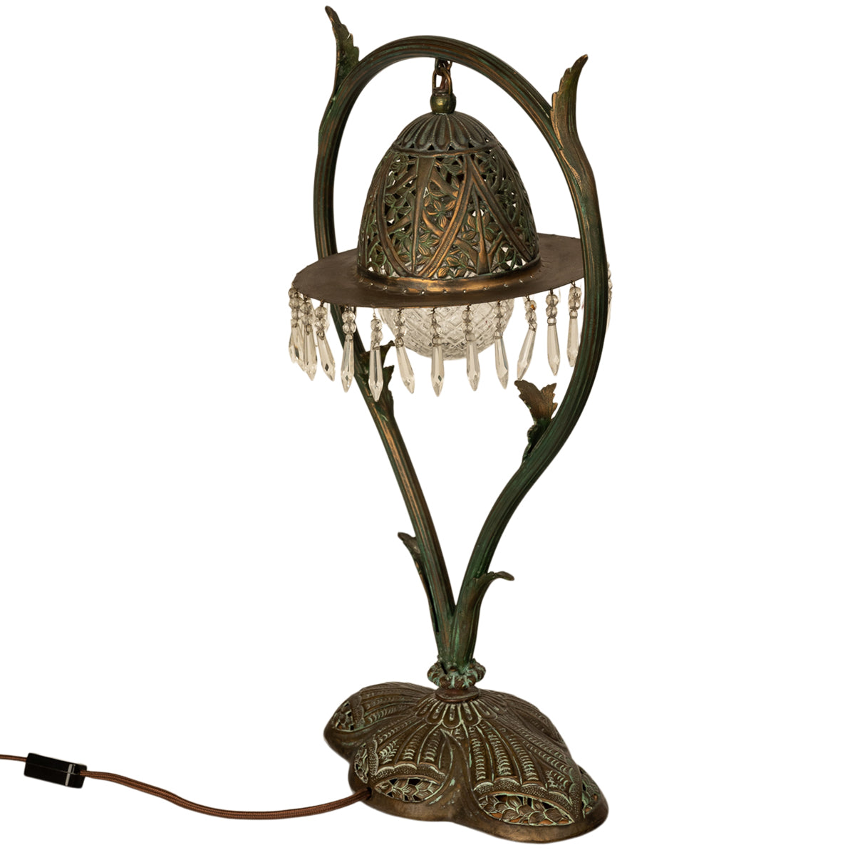 Antique Austrian Art Nouveau Organic Style Bronze & Glass Prisms Table Lamp 1900